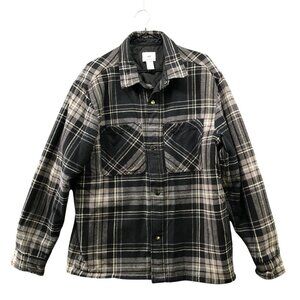 H&M Shacket Mens M Relaxed Fit‎ Gray Plaid Flannel Jacket Padded Overshirt